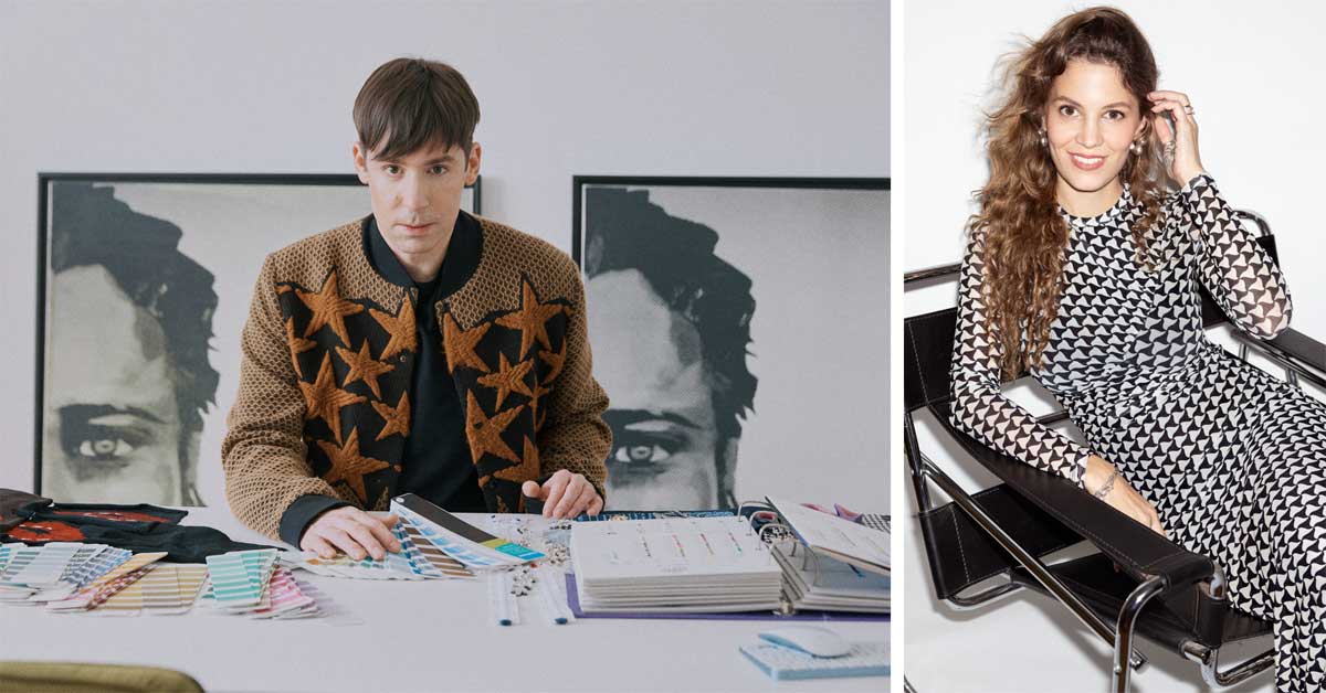 Kilian Kerner, International Fashion Designer of the Year 2025, at his desk with fabric swatches (© Robin Kater). Luise Reichert, Photographer of the Year 2025, smiling in a patterned dress on a chair (© Julius Bartz).