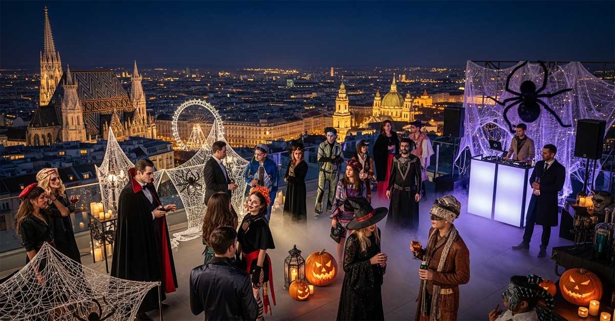 AI-generated image: A Halloween rooftop party at dusk, featuring costumed guests, spooky decorations, and a lit city skyline with a Ferris wheel and cathedral in the background.