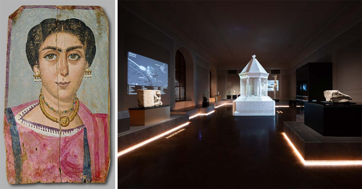 Egyptian-Roman mummy portrait beside the darkly lit Ephesos exhibition at the Weltmuseum.