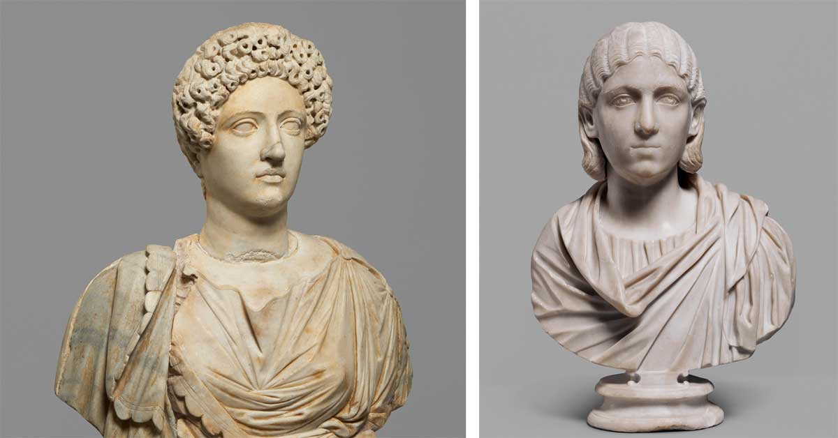 Two ancient Roman female marble portrait busts displayed side by side in the Vienna exhibition on female portraits and their later transformations.