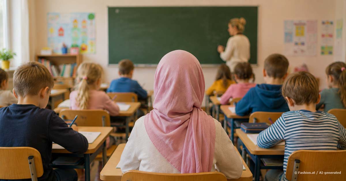 Classroom view from behind showing a schoolgirl in a pink hijab and other students at desks, facing a teacher at a board.
