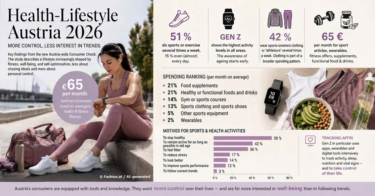 Woman exercising with smartwatch beside sportswear and fitness accessories, illustrating Austria's growing health and self-optimisation lifestyle.