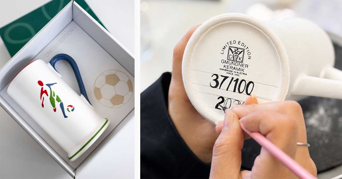 Hand-painted limited-edition ceramic football mug and close-up of its individually numbered base being finished by hand.