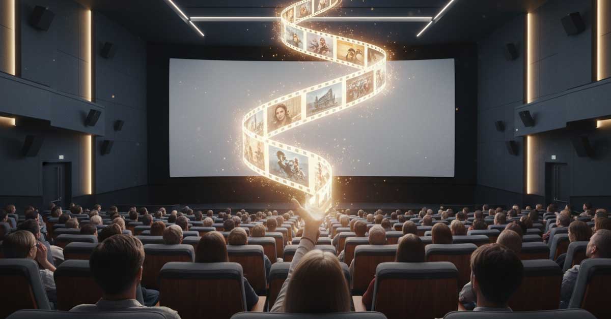 People in a movie theater watch a magical, glowing film strip coming from the screen.