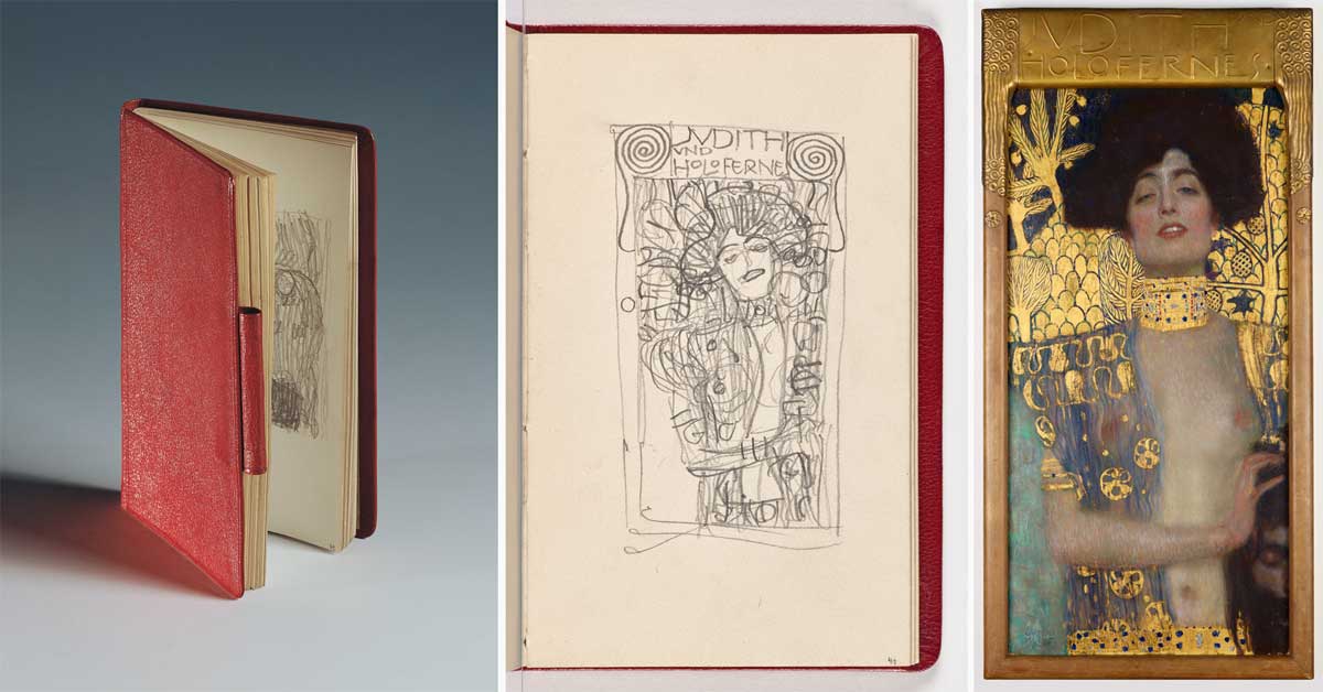 Gustav Klimt's Red Sketchbook, a study for 'Judith' and the painting 'Judith' (1901) presented as part of the Belvedere's new digital collection catalogue.