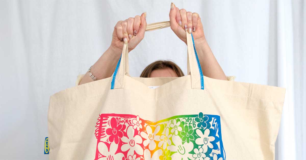 IKEA bag with colorful 'Concrete Flowers' art by Coins, from a Calle
Libre 2026 workshop.