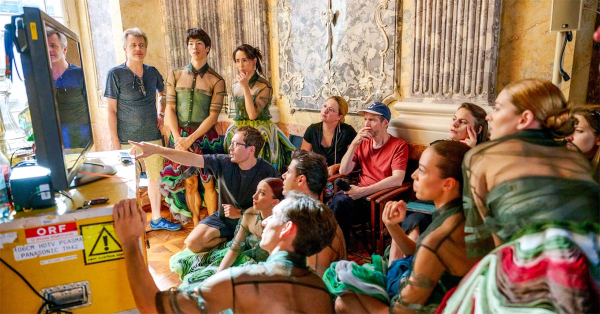 Choreographer Andrey Kaydanovskiy, director Michael Beyer and the production team meet with Vienna State Ballet dancers wearing Flora Miranda costumes.