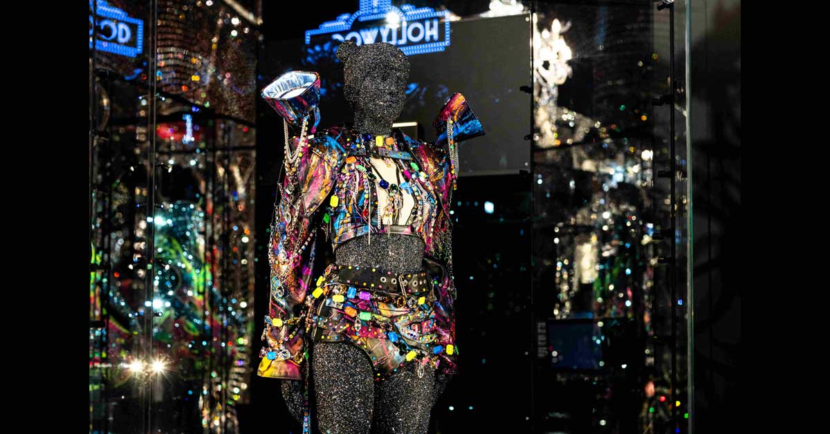 Neon crystal stage costume worn by K-pop singer Lisa, exhibited at Swarovski Kristallwelten in Wattens.