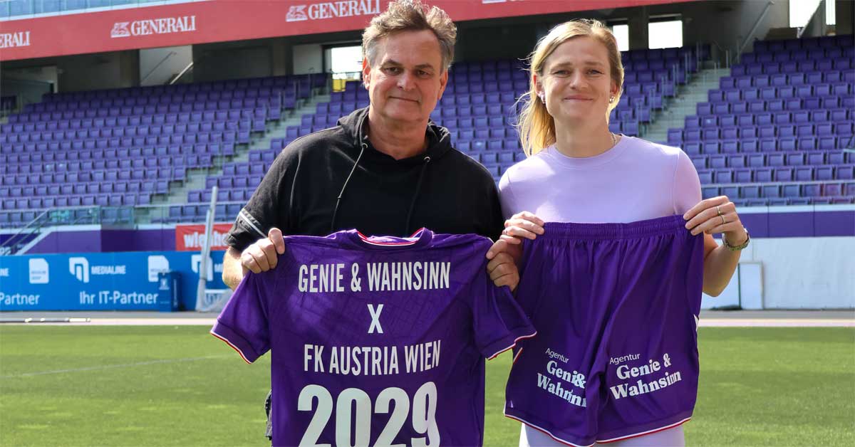 The new sponsor name 'Genie & Wahnsinn' appears on FK Austria Wien Women apparel as captain Carina Wenninger and agency founder René Berto present their partnership at the Generali Arena in Vienna.