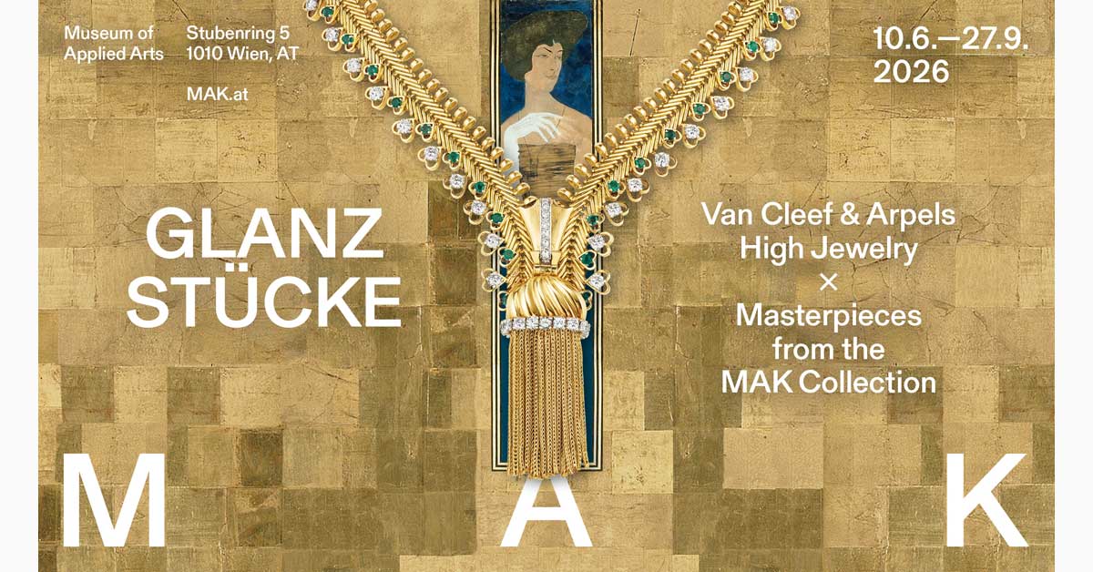Poster showing a gold zip necklace over a decorative folding screen for the 'Glanzstücke' exhibition at MAK Vienna