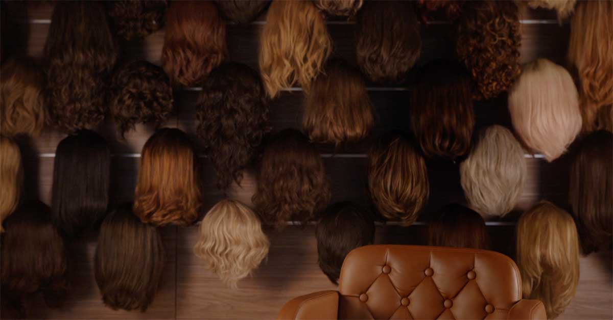 Wall-mounted collection of wigs