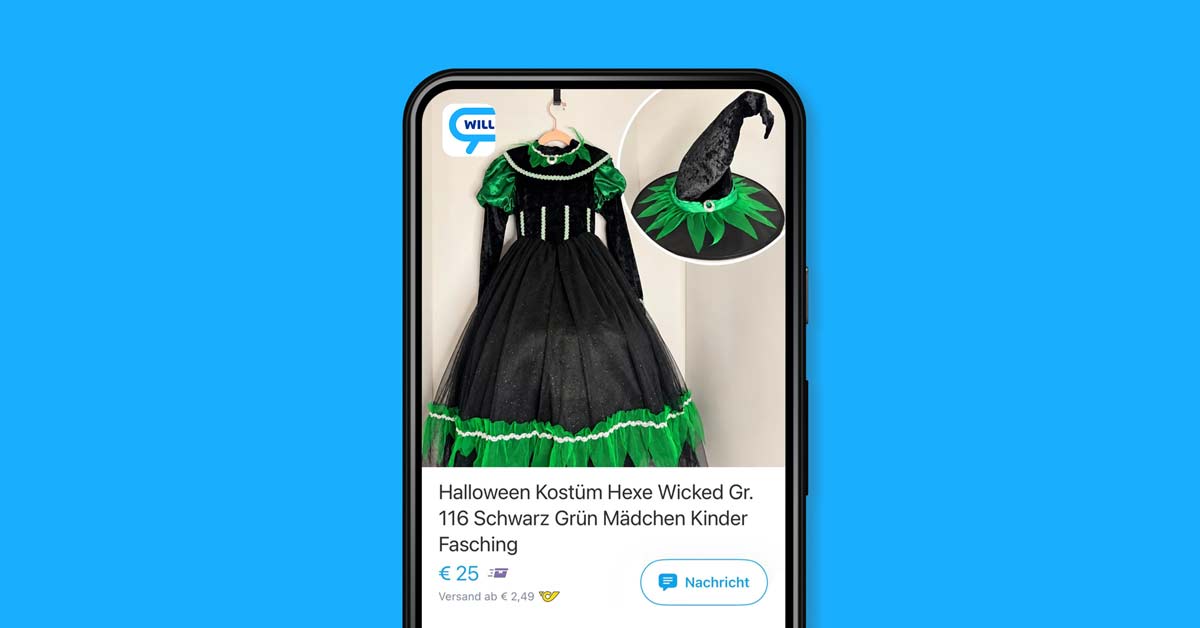 Black-and-green children's witch costume listed on willhaben.