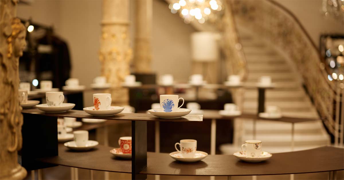 Herend porcelain cups displayed at Lobmeyr in Vienna.