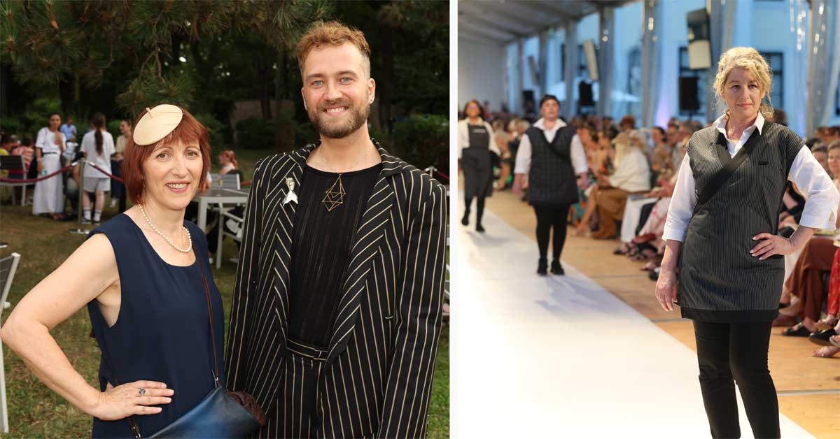Monika Kycelt and Kevin Knabe at the Modeschule Hetzendorf graduation show alongside a runway presentation of the new Trzesniewski workwear designed by students.