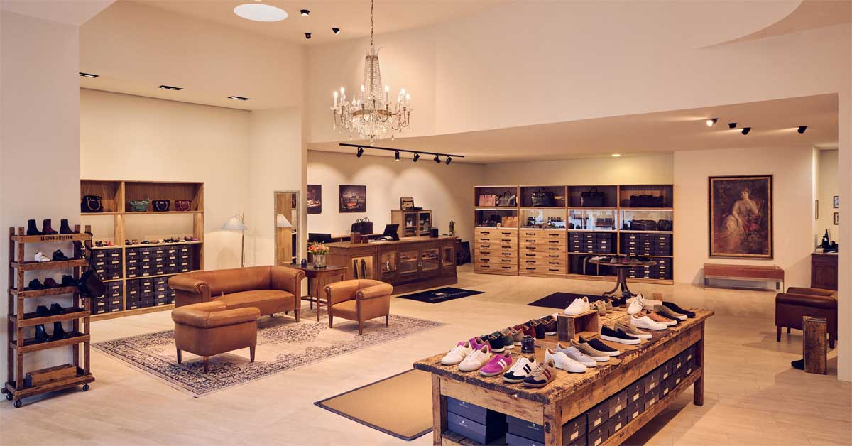 Ludwig Reiter Düsseldorf store interior with wooden shelves, leather furniture and chandelier