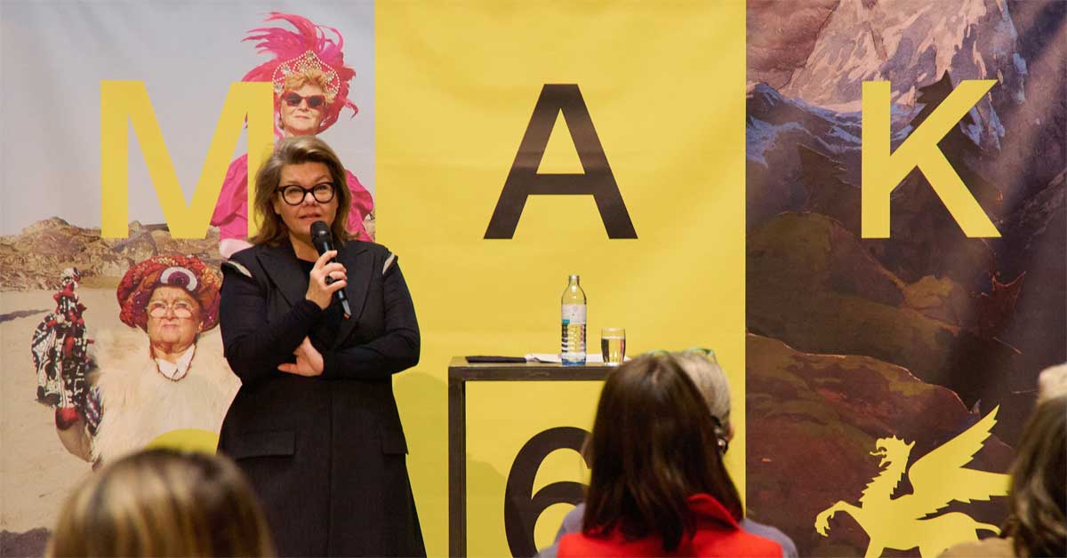 MAK Director Lilli Hollein speaking at the annual press conference in the Columned Main Hall in Vienna.