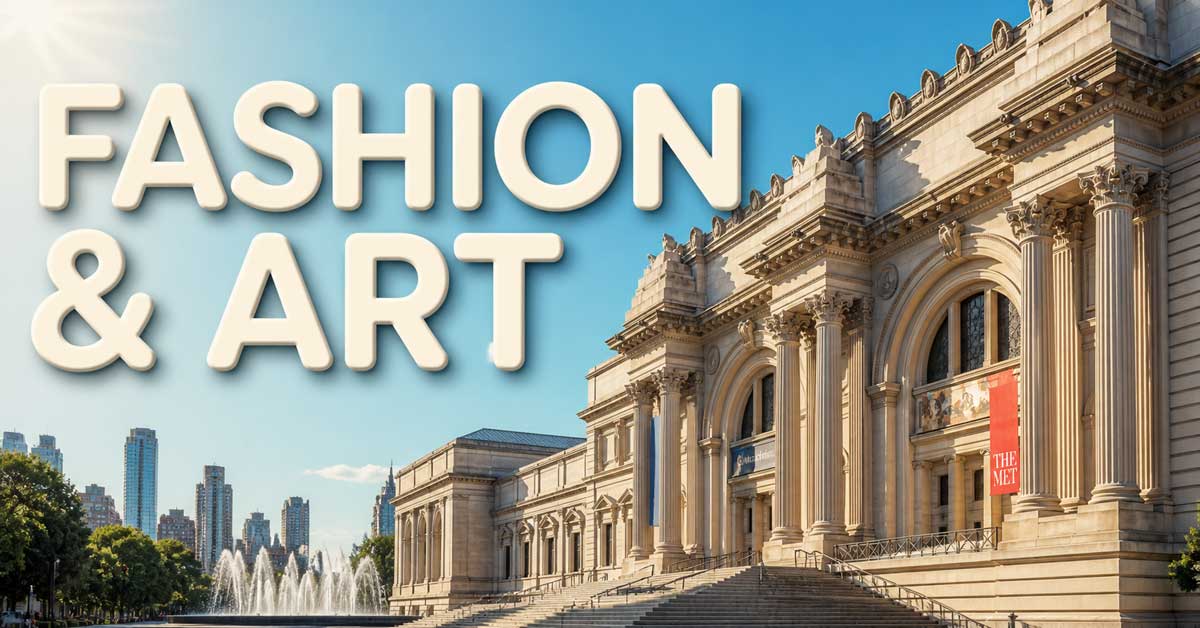 Metropolitan Museum of Art exterior with 'Fashion & Art' embossed text in a sunny scene