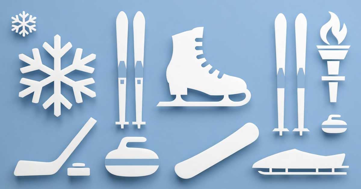 Minimalist white paper-cut icons of winter sports on blue: snowflake, skates, skis, curling, hockey, luge, torch