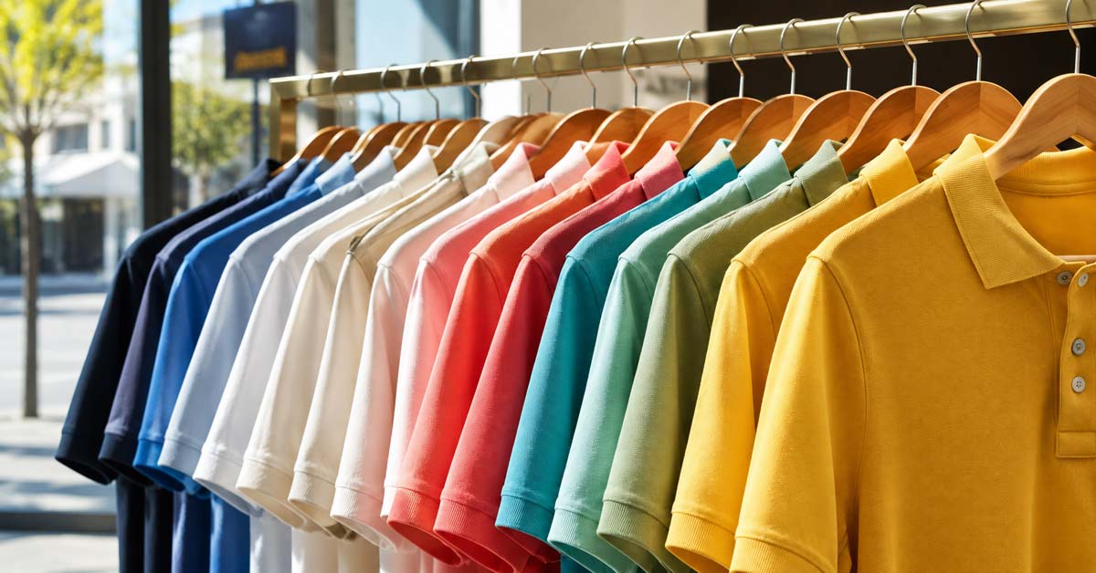 Colorful polo shirts on a boutique rack.