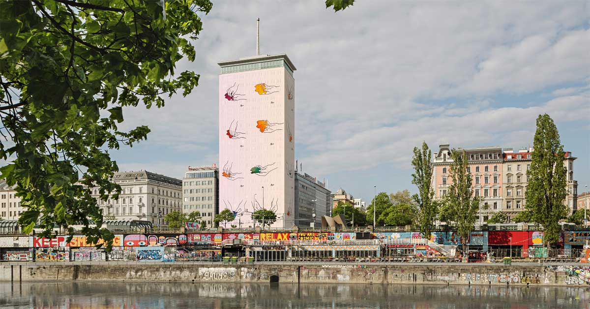 Rendering of the 2026 Ringturm facade artwork in Vienna featuring colourful hand illustrations by artist Pavel Brăila.