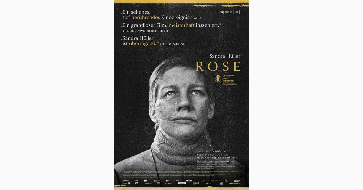 Black-and-white poster for 'Rose' with Sandra Hüller in close-up and gold film title and award text.
