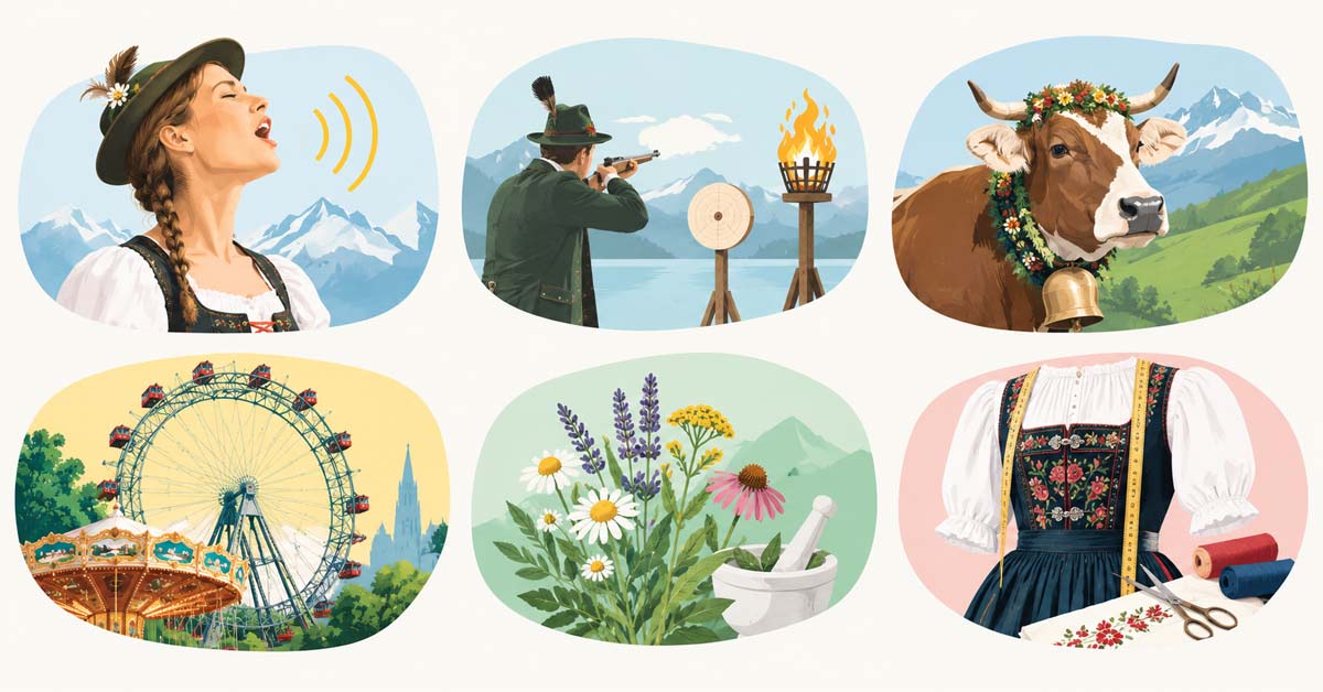 Six illustrated symbols of Austria's living cultural heritage, from yodelling and traditional costumes to cattle, medicinal plants and the Prater.