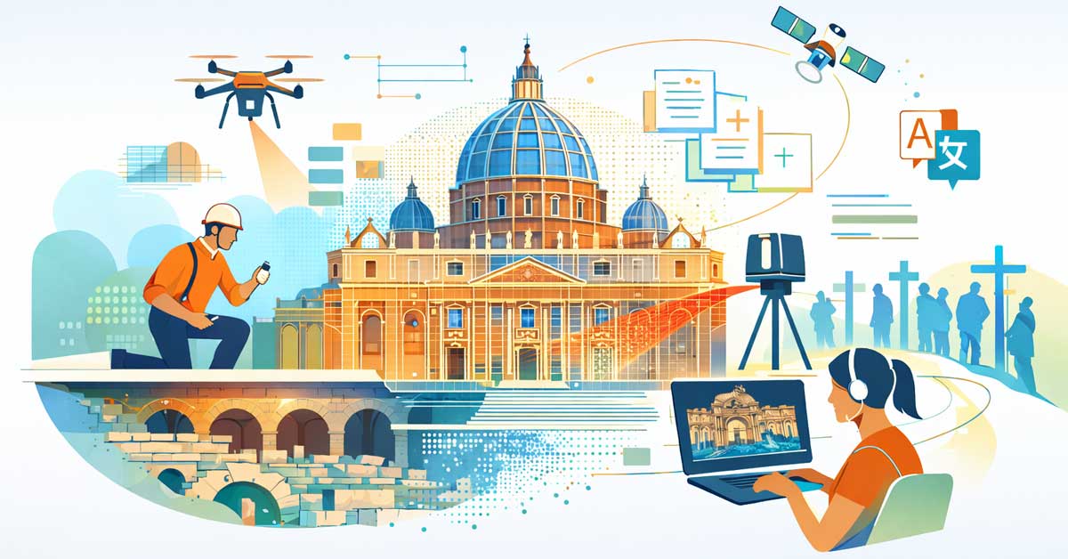 Digital collage of St. Peter's Basilica combining architecture, conservation and modern technology.