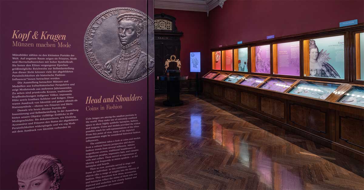 Museum exhibition 'Head and Shoulders' with displays on historical fashion, coins and portraits in Vienna