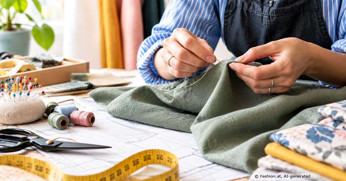 Hands sewing olive-green fabric beside a paper pattern and sewing tools.