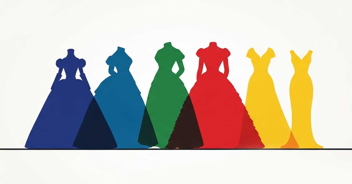 Graphic illustration of six colorful, overlapping ballgown silhouettes lined up in a row.