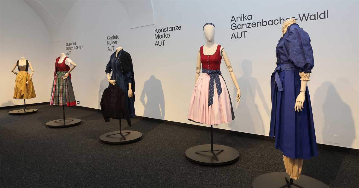 Contemporary Dirndl and Tracht-inspired designs by finalists of the 'The Upper Austrian woman. Dirndl. Dress' exhibition at Schlossmuseum Linz