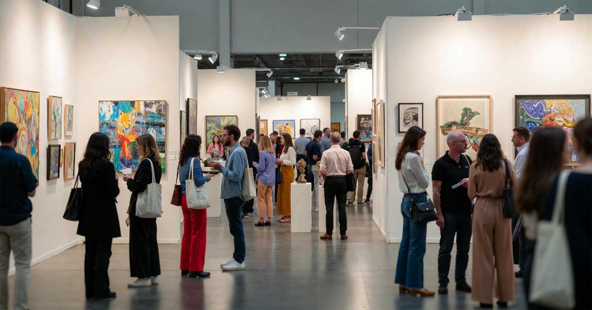Busy art fair crowd viewing vibrant paintings and sculptures in gallery booths