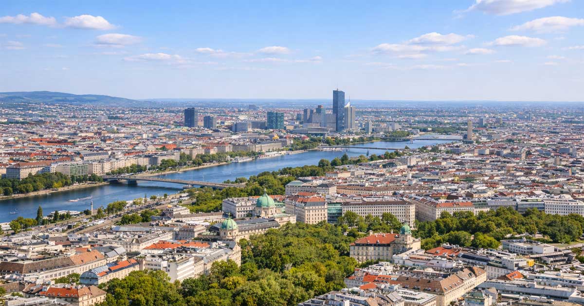 Aerial panoramic view of Vienna cityscape in bright spring sunlight