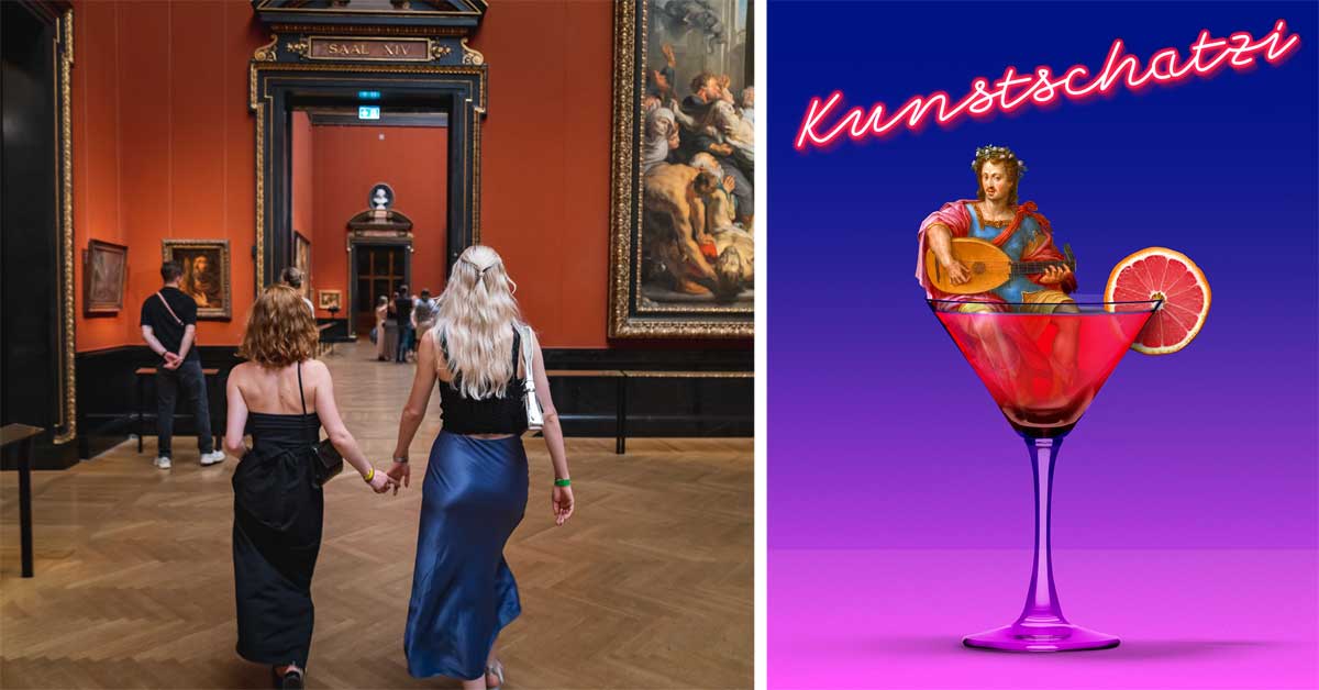 Museum visitors in Vienna gallery and Kunstschatzi event visual with cocktail glass and classical figure