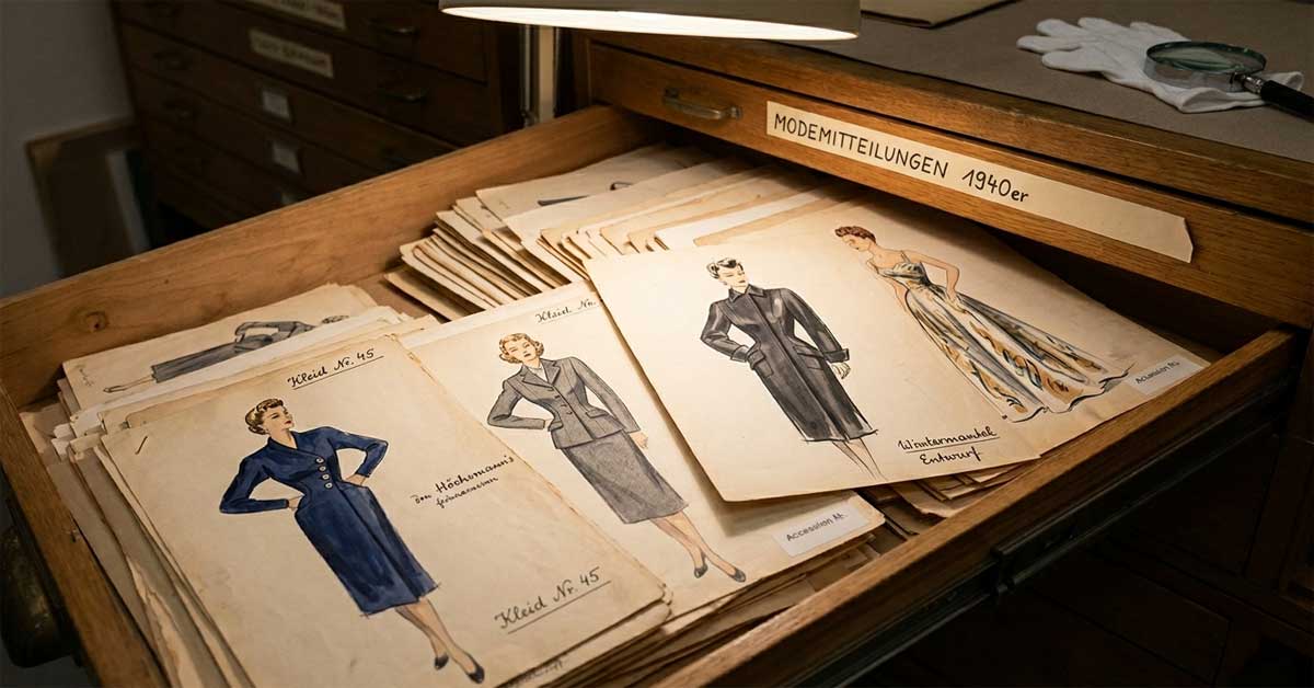 Vintage 1940s fashion sketches in a wooden drawer.