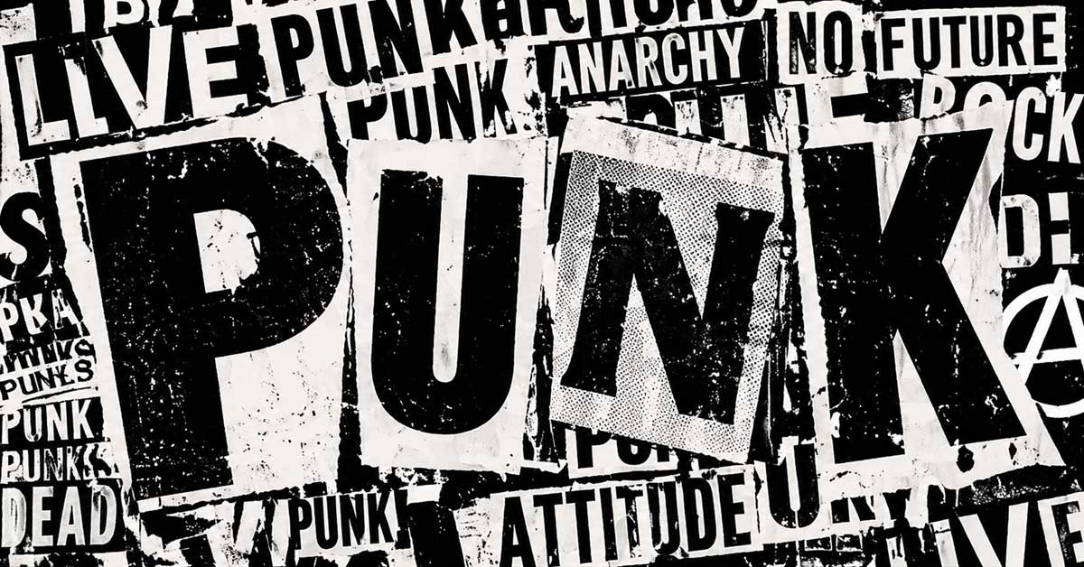 Black and white punk typography collage spelling PUNK in 1970s DIY style