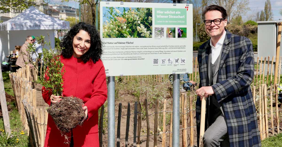 Saya Ahmad holding a shrub and Jürgen Czernohorszky with a shovel at the Wiener Straucherl planting site in Vienna