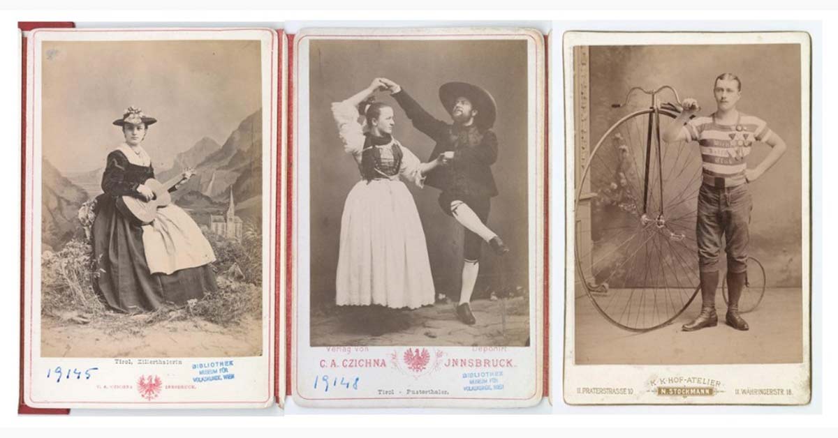 Three 19th-century photographic cards showing traditional dress and a cyclist with a high-wheeler.