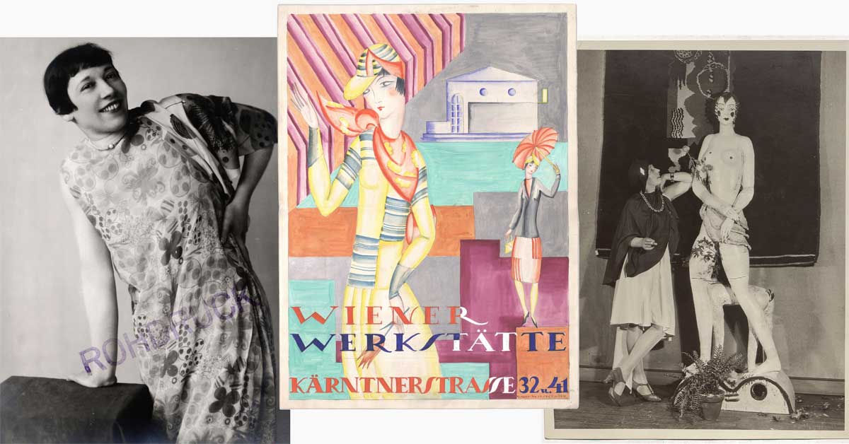 Three historical images of Wiener Werkstätte artist Vally Wieselthier, including her portrait, poster design and a 1929 exhibition photograph in New York.