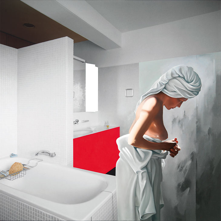 Richard Hamilton. Virtual Spaces 25 May - 10 August 2008 Kunsthalle Bielefeld, Germany www.kunsthalle-bielefeld.de fig.: Bathroom - fig.2 II 2005.06, Oil on Fuji/Océ Light Jet on canvas,100 x 100 cm © VG Bild-Kunst, Bonn 2008