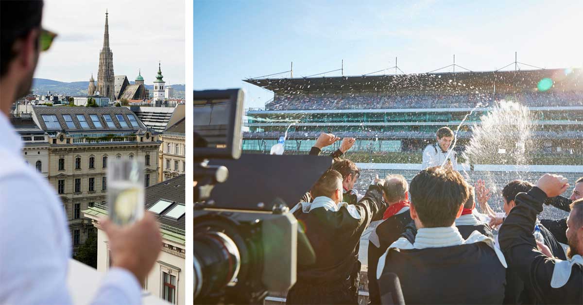 Man with a drink overlooking Vienna from The Ritz-Carlton rooftop bar; race winner spraying champagne at the track with team members.