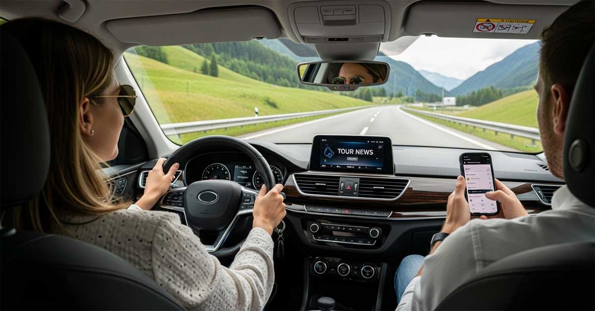 A woman with sunglasses drives a modern car while a man in the passenger seat looks at his phone. The view from the windshield shows a highway winding through green hills and mountains.