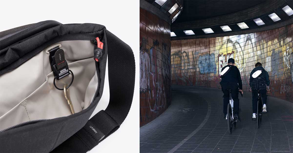 Interior of Ucon Acrobatics bag with Orbitkey clip and key; two cyclists in a tunnel wearing reflective Ucon Acrobatics bags.