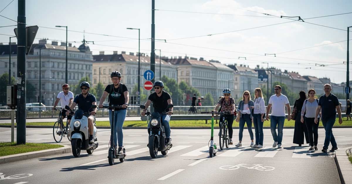 An AI-generated image of a sunny day on a city street, showing people using different modes of transport. In a bike lane, individuals ride electric scooters, mopeds, and a bicycle, while a group of pedestrians crosses the street.