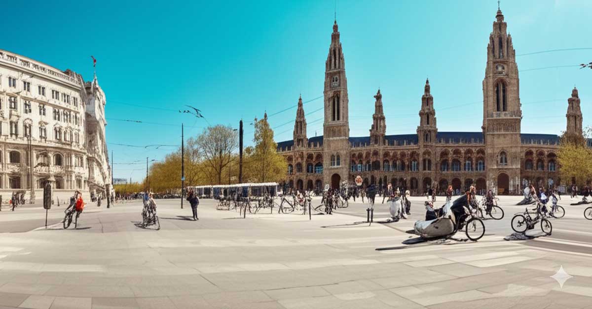 Image: A symbolic photorealistic image, generated with AI by Fashion.at with Gemini, depicts a city scenery inspired by Vienna at midday in spring. Wide view of cyclists (e-bikes, cargo, child seat), sharp shadows, spring leaves. Symbolic of urban mobility.
