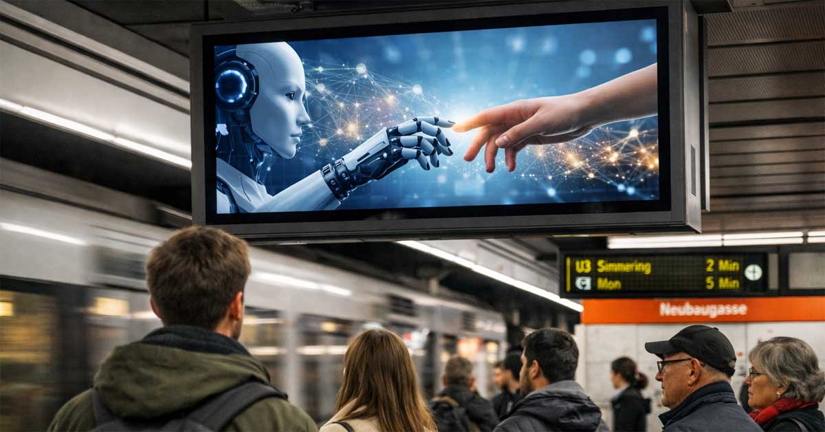 Digital screen in a Vienna subway station showing an art film about humans and artificial intelligence.