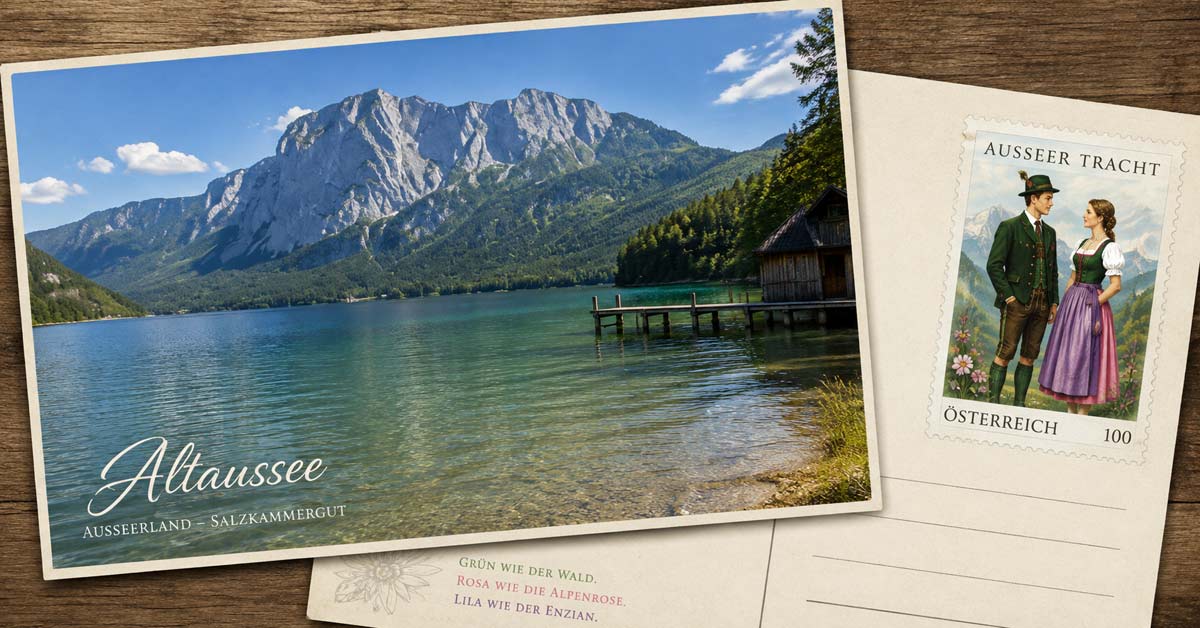 Postcard-style AI-generated image of Altaussee Lake, the mountains and an Ausseer Tracht stamp.