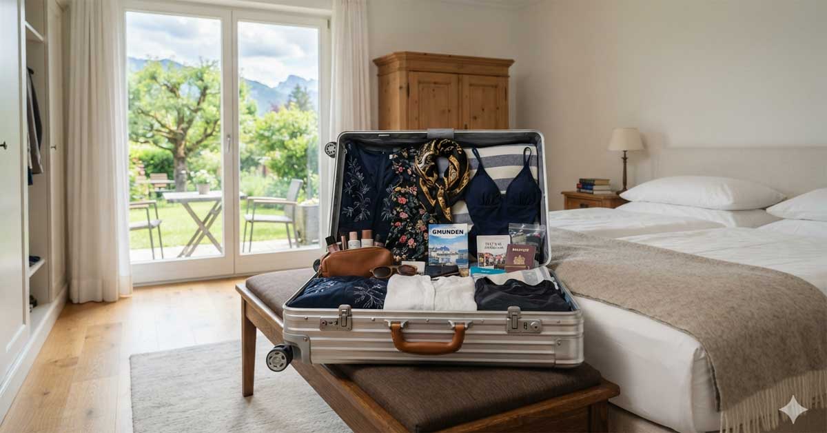 An open, neatly packed suitcase on a bench in a bright hotel room with a garden view.