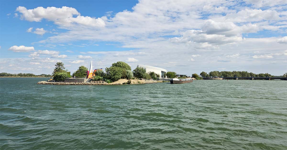 Danubiana Meulensteen Art Museum on the Danube near Bratislava, photographed from a boat before docking.