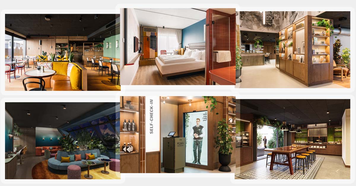Images: Interior views of Hotel Schani Naschmarkt in Vienna, showing the restaurant and lobby, a guest room, the self-check-in area, breakfast buffet and Vieami rooftop bar. The design combines warm wood, colourful seating, greenery and contemporary details with references to Viennese Modernism. © Schani Hotels; photographs by Gregor Hofbauer and Archisphere.